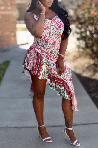 Red Elegant Print Patchwork Flounce Asymmetrical Spaghetti Strap Sling Dress Dresses