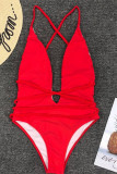 Red Fashion Sexy Solid Bandage Backless Swimwears (Met Paddings)