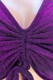 Purple Sexy Solid Patchwork Draw String Fold V Neck Short Sleeve Two Pieces