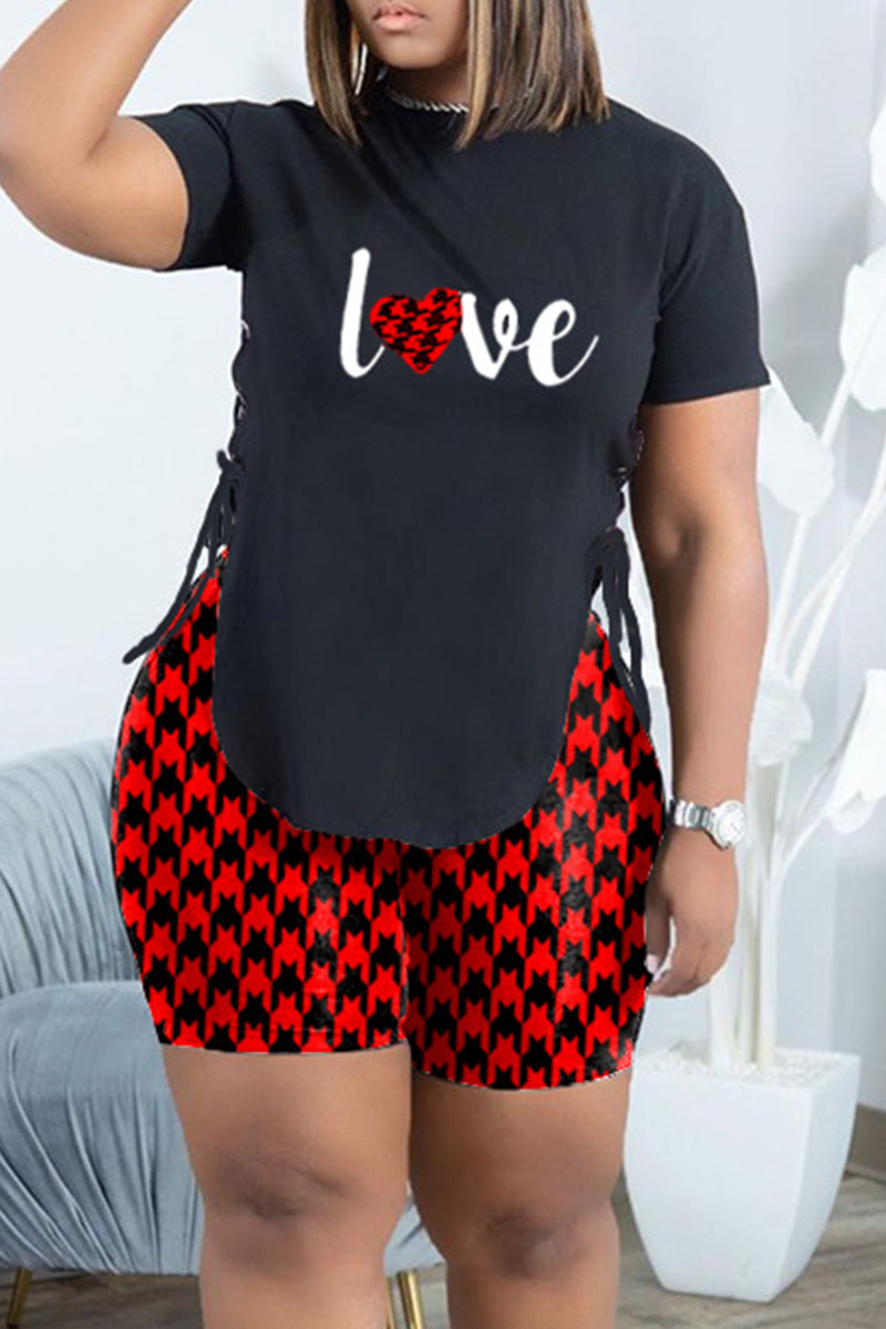 

Black Red Fashion Casual Print Bandage O Neck Short Sleeve Two Pieces