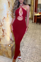 Burgundy Fashion Sexy Solid Hollowed Out Backless Halter Long Dress
