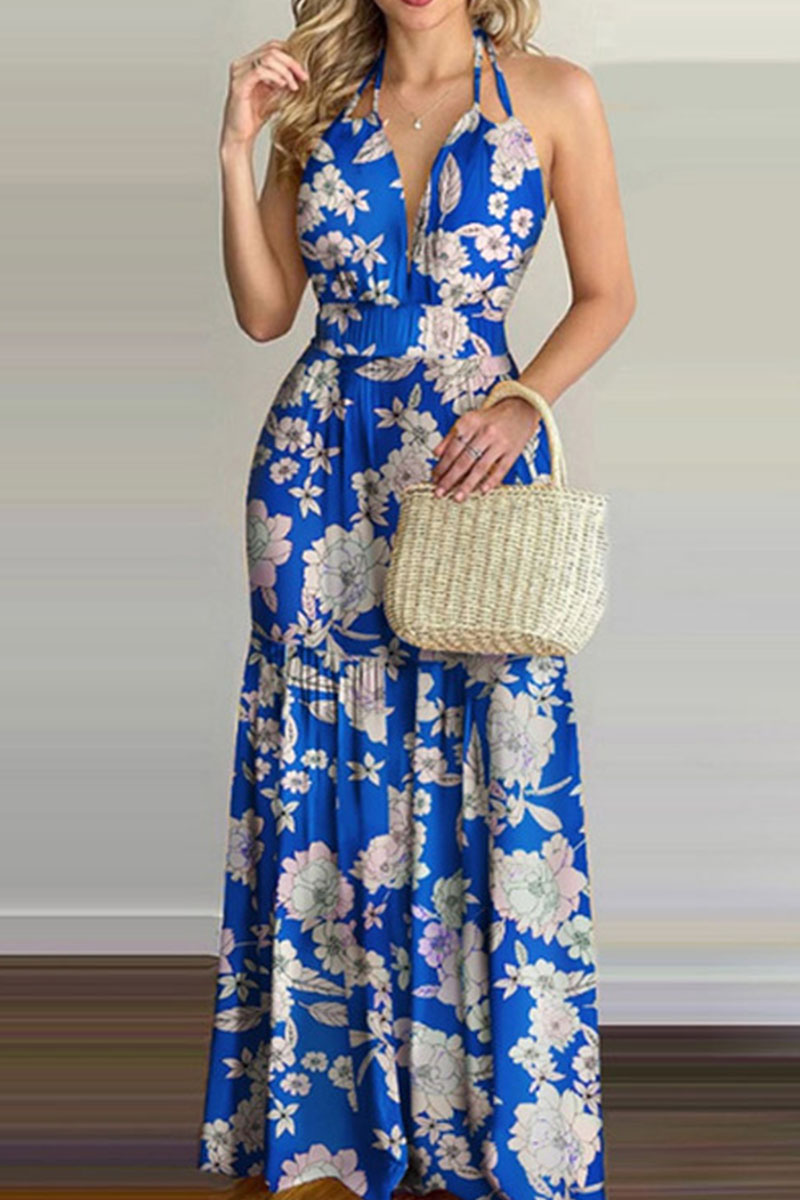 

Blue Sexy Print Split Joint Backless Halter Straight Dresses