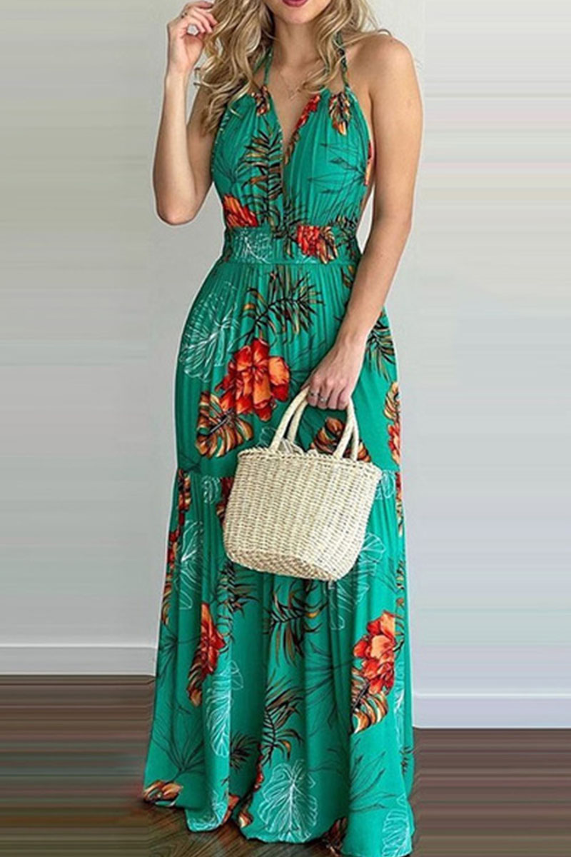 

Green Sexy Print Split Joint Backless Halter Straight Dresses