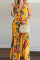 Yellow Sexy Print Patchwork Backless Halter Straight Dresses
