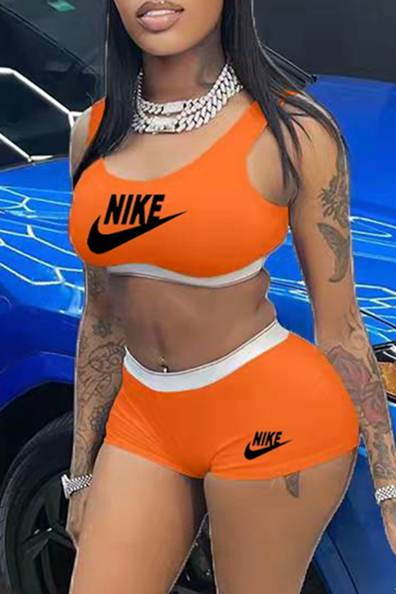 

Orange Fashion Casual Print Split Joint U Neck Sleeveless Two Pieces