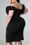 Mode noire sexy grande taille solide patchwork dos nu fente hors de l'épaule robe de soirée