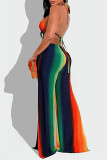 Oranje Mode Sexy Print Uitgeholde Backless Halter Regular Jumpsuits