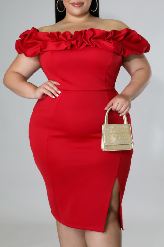 Red Fashion Sexy Plus Size Solid Split Joint Backless Slit Off the Shoulder Evening Dress