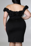 Mode noire sexy grande taille solide patchwork dos nu fente hors de l'épaule robe de soirée