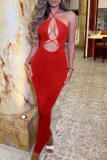 Бордовое модное сексуальное однотонное длинное платье с открытой спиной и лямкой на шее