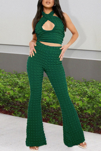 Green Fashion Casual Solid Hollowed Out Backless Halter Sleeveless Two Pieces