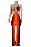 Oranje Mode Sexy Print Uitgeholde Backless Halter Regular Jumpsuits