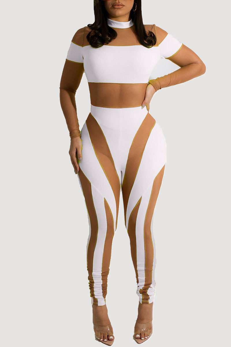 

White Sexy Solid Split Joint See-through O Neck Long Sleeve Two Pieces