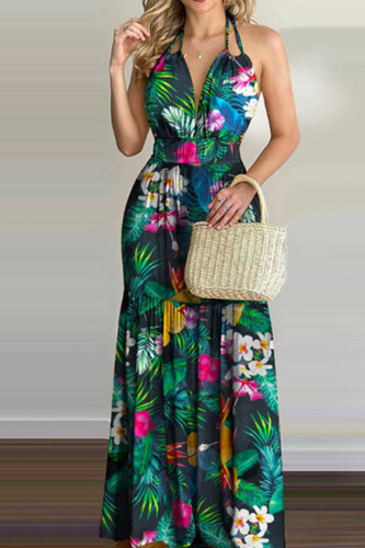 Colour Sexy Print Patchwork Backless Halter Straight Dresses