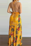 Yellow Sexy Print Patchwork Backless Halter Straight Dresses