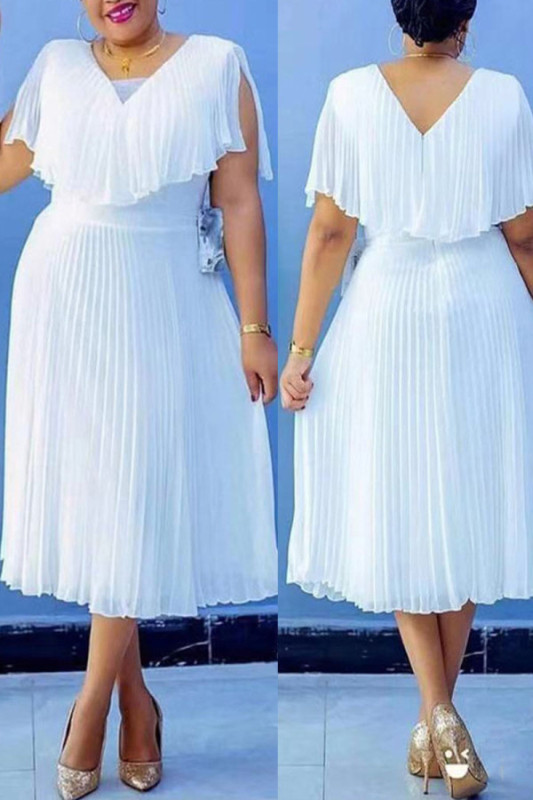 White Casual Solid Patchwork Fold O Neck Straight Plus Size Dresses
