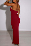 Бордовое модное сексуальное однотонное длинное платье с открытой спиной и лямкой на шее