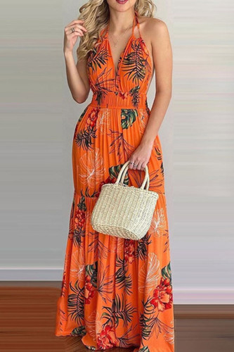 Tangerine Sexy Print Patchwork Backless Halter Straight Dresses