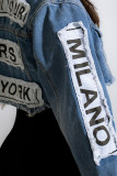 Cowboyblå Casual Street Print Patchwork Spänne Turndown-krage Långärmad rak jeansjacka