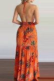 Blue Sexy Print Patchwork Backless Halter Straight Dresses