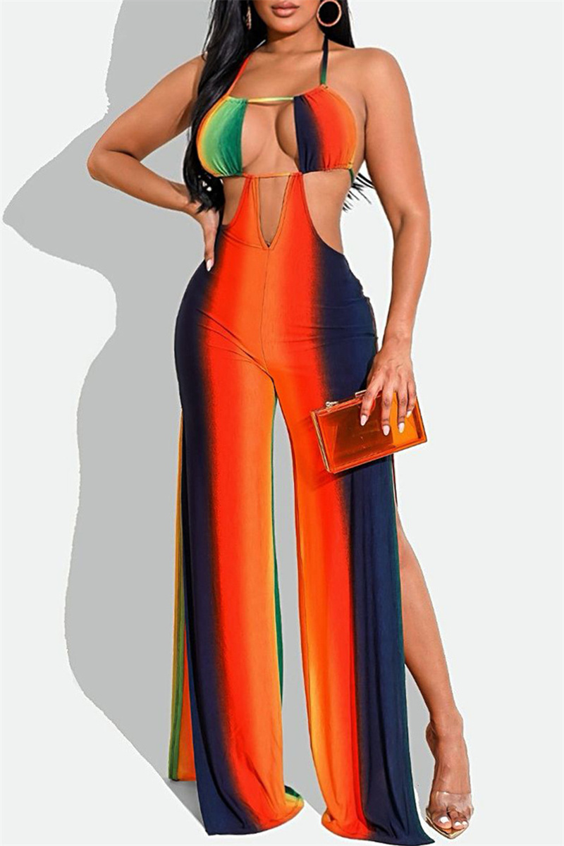 

Orange Fashion Sexy Print Hollowed Out Backless Halter Regular Jumpsuits