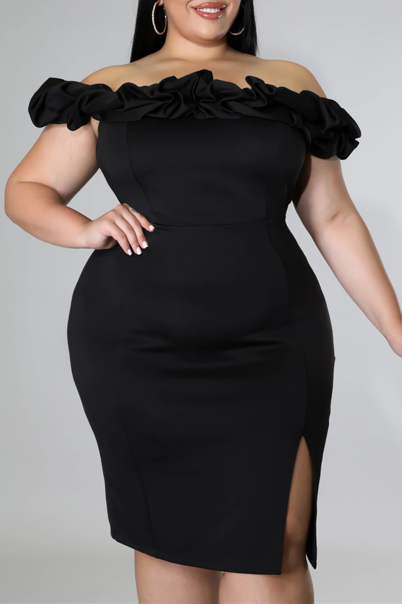 

Black Fashion Sexy Plus Size Solid Split Joint Backless Slit Off the Shoulder Evening Dress