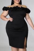 Vestido de noche con abertura en el hombro sin espalda de patchwork sólido de talla grande sexy de moda negro