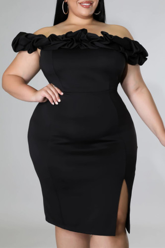 Black Fashion Sexy Plus Size Solid Split Joint Backless Slit Off the Shoulder Evening Dress