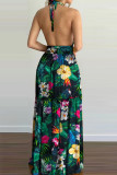 Green Sexy Print Patchwork Backless Halter Straight Dresses