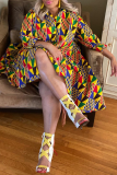 Yellow Fashion Print Patchwork Turndown Collar Cake Skirt Plus Size Dresses