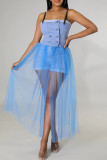 Azul casual sólido retalhos fivela transparente vestidos de alças finas