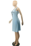 Голубое модное повседневное платье с принтом и воротником с капюшоном без рукавов Платья