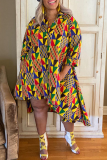 Yellow Fashion Print Patchwork Turndown Collar Cake Skirt Plus Size Dresses