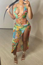 Multicolor Sexy Print Bandage Hollowed Out Split Joint Halter Sleeveless Two Pieces