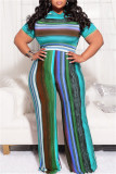 Jaune Fashion Casual Striped Print Basic Half A Turtleneck Plus Size Two Pieces