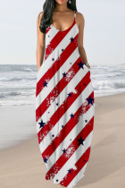 Red White Fashion Sexy Flag Star Print Backless Spaghetti Strap Long Loose Cami Maxi Dress