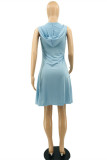 Голубое модное повседневное платье с принтом и воротником с капюшоном без рукавов Платья