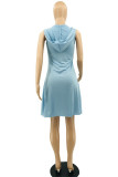 Light Blue Fashion Casual Letter Print Basic Hooded Collar Sleeveless Dress Dresses