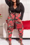 Red Fashion Casual Print Bandage V-Ausschnitt Plus Size Two Pieces