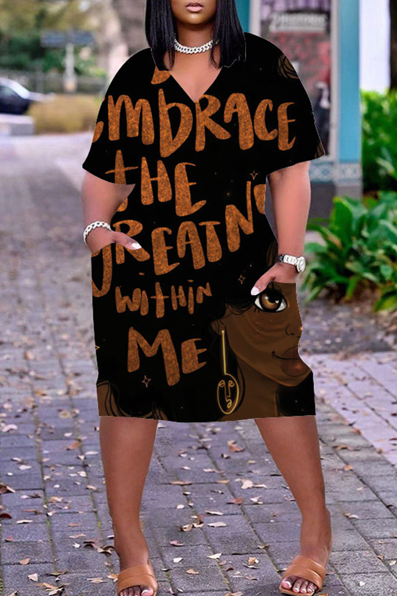 

Black Brown Fashion Casual Print Basic V Neck Short Sleeve Dress