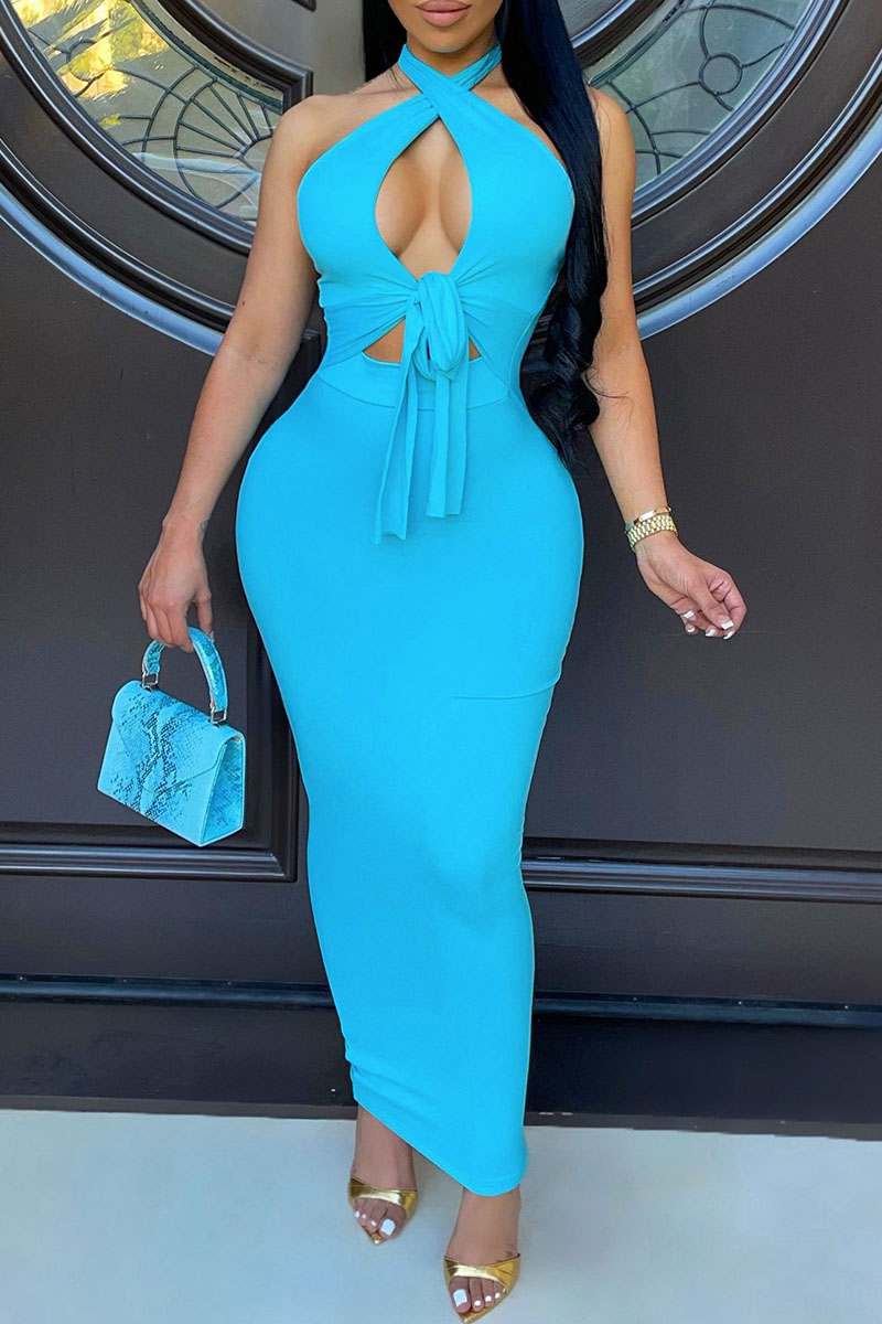 

Sky Blue Fashion Sexy Solid Bandage Hollowed Out Backless Halter Sleeveless Dress Dresses