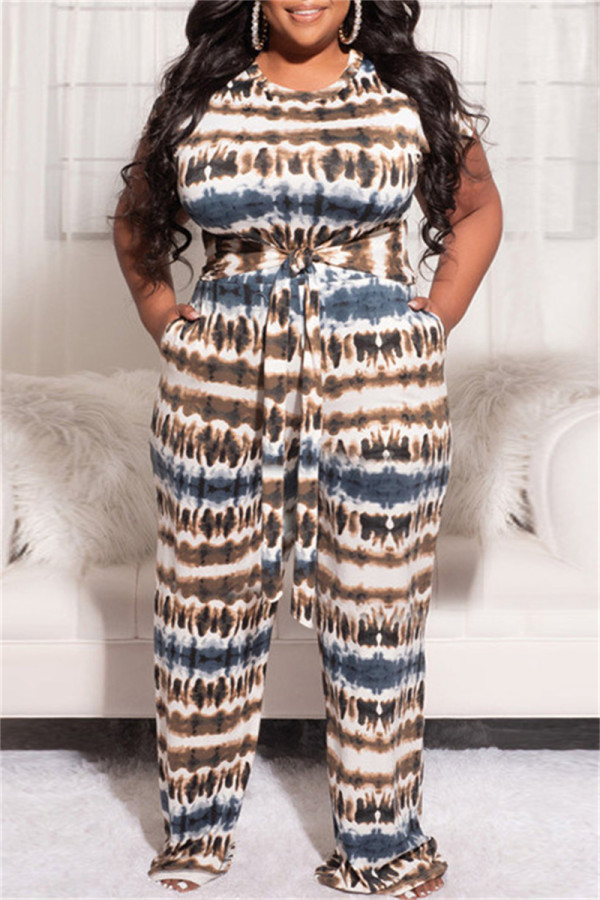 Koffie Mode Casual Print Bandage O Neck Plus Size Two Pieces