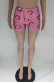 Shorts rosa moda casual letter lábios estampados básicos skinny de cintura alta