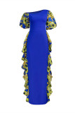 Blue Fashion Casual Plus Size Print Patchwork Oblique Collar Long Dress