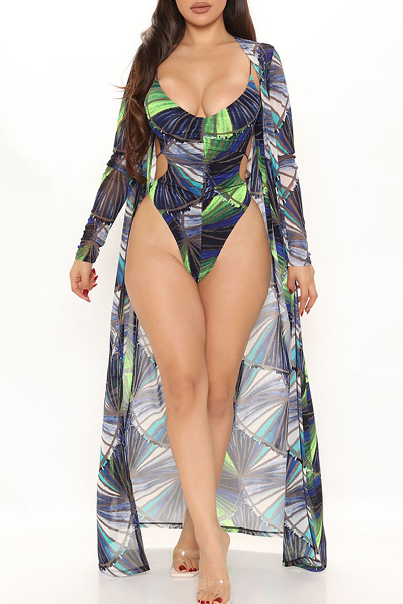 

Blue Sexy Print Split Joint Swimwears Two Pieces