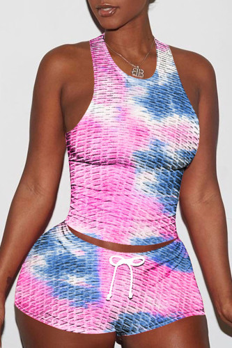 Purplish Blue Casual Print Patchwork O Neck Sleeveless Two Pieces