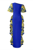 Azul Moda Casual Plus Size Estampa Patchwork Gola Oblíqua Vestido Longo