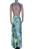 Light Green Celebrities Print Patchwork Asymmetrical V Neck Sleeveless Two Pieces