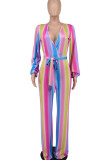 Pink Casual Print Patchwork V Neck Straight Jumpsuits