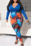 Red Fashion Casual Print Bandage V-hals Plus Size Two Pieces
